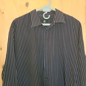 Calvin Klein Men's XL Button-Up Shirt, Long Sleeve, Black Striped,‎ Cotton